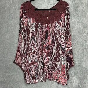 One World XL Shirt Top Burgundy Red Paisley Flared 3/4 Sleeve Scoop Neck Knit